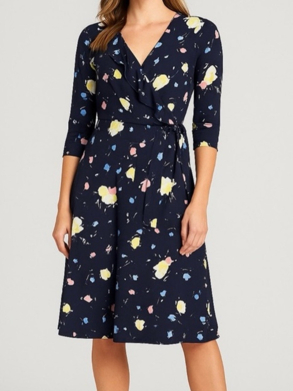 Leota Navy Floral Faux Wrap Dress - Navy with Pink, Yellow & Blue
